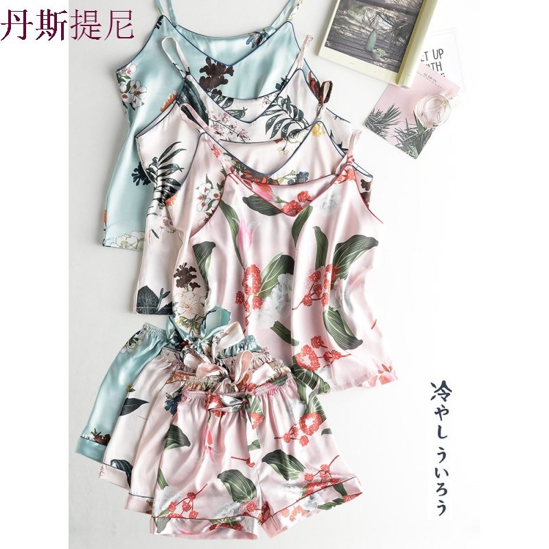 冰丝睡衣女夏带两件套分体短袖套装夏季仿真丝绸日式家居服可爱