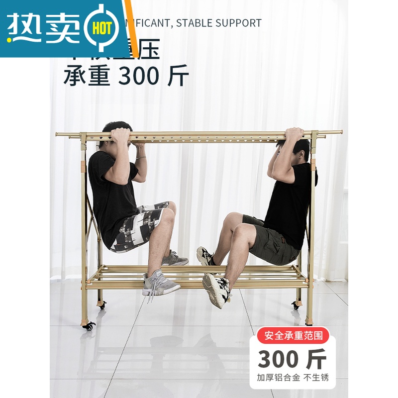 敬平晾衣架落地折叠室内室外家用晒被子阳台户外升降双杠伸缩晾衣器 香槟金-单边升降[带托盘1.5米防风脚+滚轮] 大高清大图