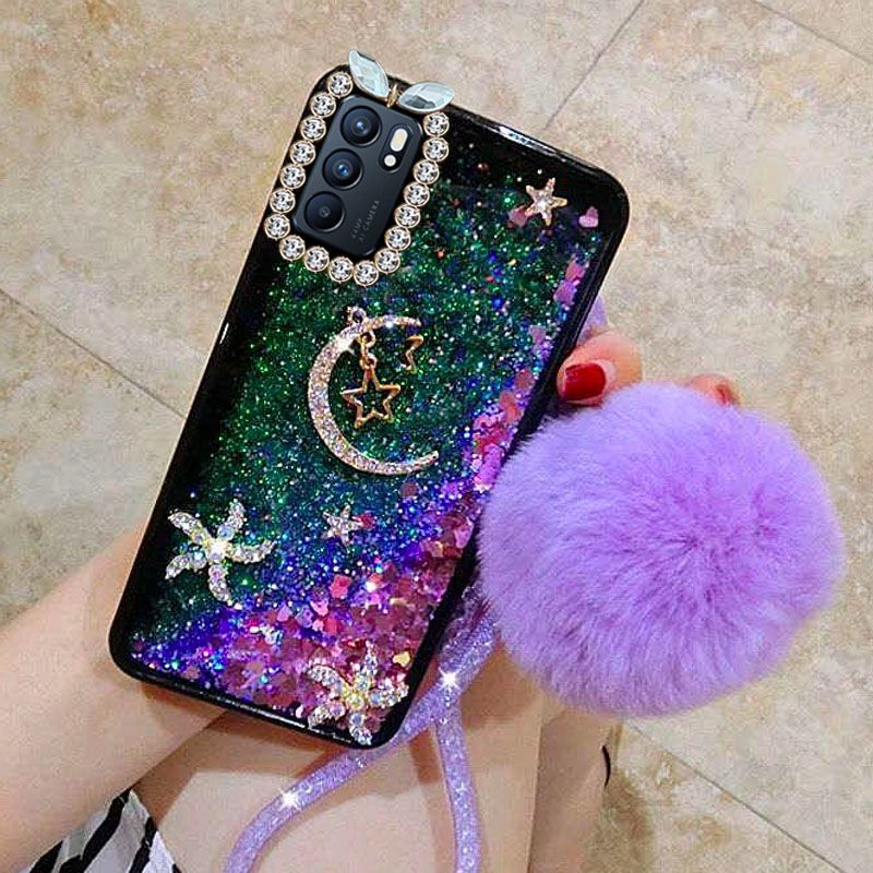 opporeno6手机壳液体流沙peqm00女款全包边防摔软胶套镶钻星月5g紫色