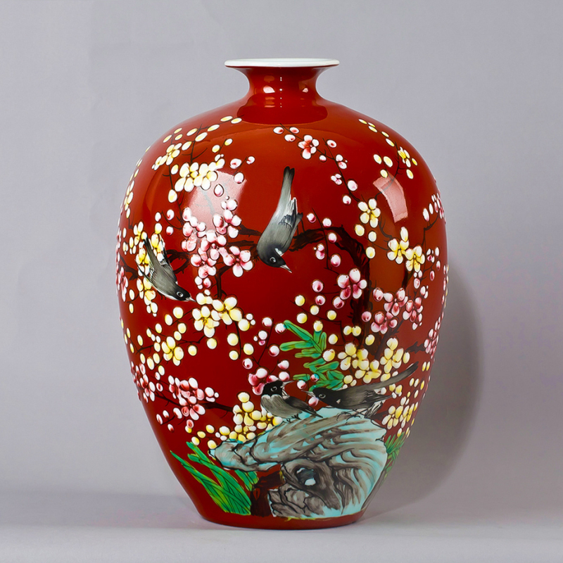彩帮景德镇手绘陶瓷器花瓶插花中式家居客厅玄关电视柜装饰摆件礼物 宝蓝石榴