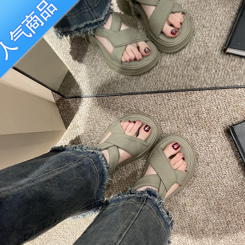 SUNTEK凉鞋女夏季2023新款松糕厚底小个子沙滩鞋高级感法式配裙子罗马鞋高清大图