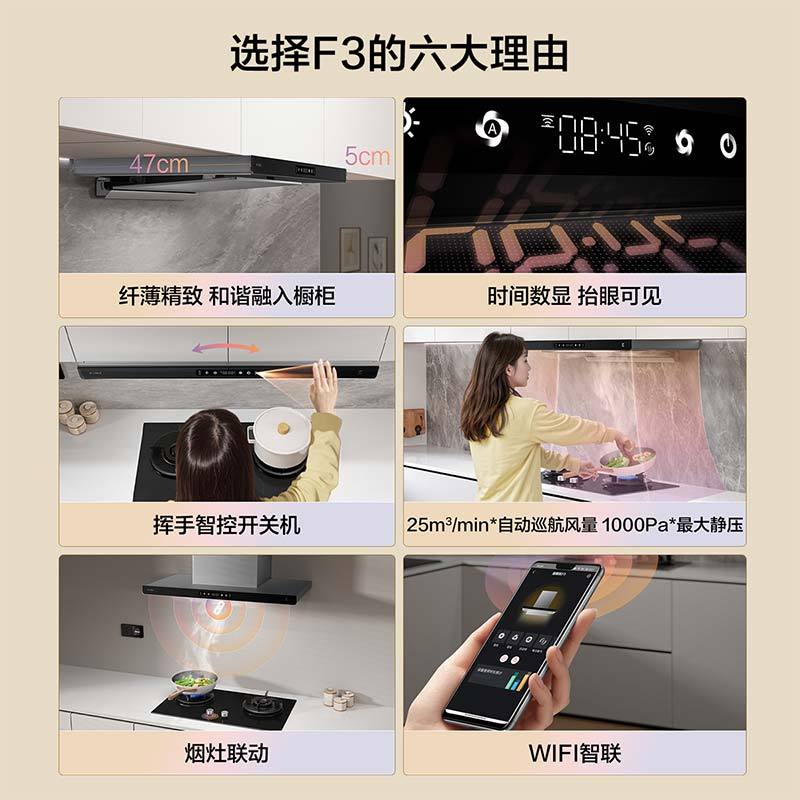 方太(FOTILE)油烟机25m³变频大风量 F3超薄欧式顶吸油烟机 单烟机大吸力 挥手开关机 排抽油烟机欧泊银