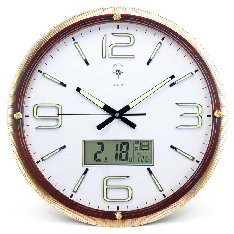 北极星polaris高档万年历lcd液晶石英钟夜光静音客厅挂钟简约现代时尚