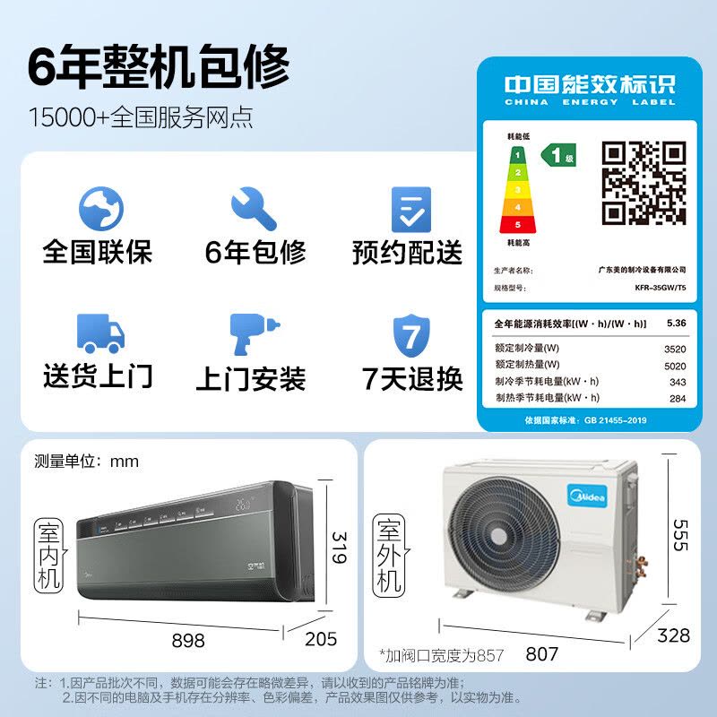 美的(Midea)空调挂机新风净化除菌无风感空气机大1.5匹家用一级变频冷暖巨省电客厅卧室智能空调KFR-35GW/T5图片