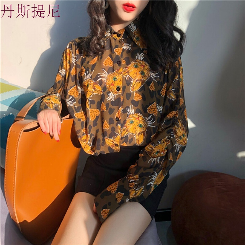 初春单排扣灯笼袖打底衫气质猫咪爱心碎花雪纺衬衫女红色均码