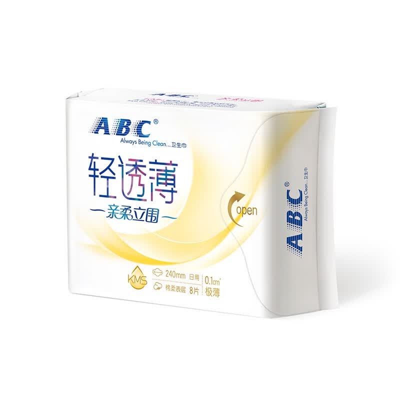 ABC亲柔立围日用超级薄棉柔排湿表层卫生巾240mm8片_