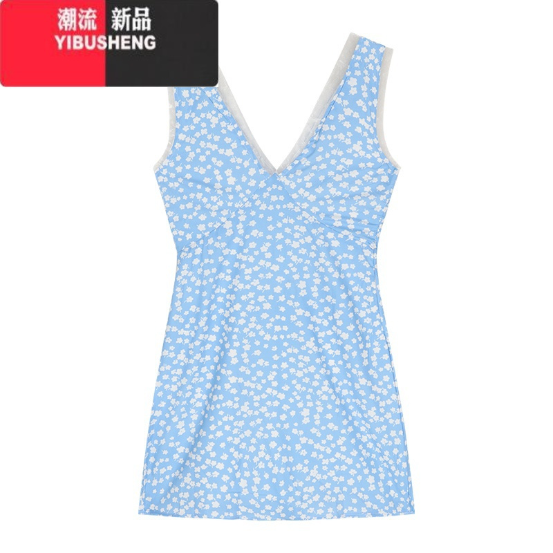 YIBUSHENG蓝色碎花v领背心连衣裙女装季度假修身短裙叠穿无袖收腰a字裙子