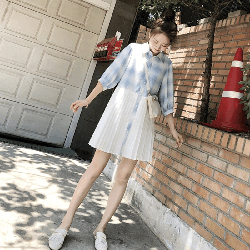 迪鲁奥(DILUAO)YXXM 孕妇装 2021早秋新款韩版孕妇连衣裙时尚款格子拼接百褶孕妇裙 5817 蓝格 M-2X图片