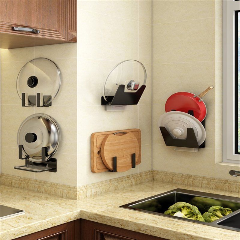 锅盖架壁挂式厨房置物架手逗免打孔黑支架放砧板带接水收纳架子