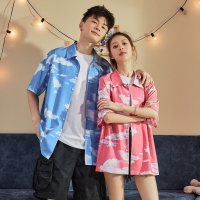 唐狮2021夏季情侣衬衫男女夏威夷宽松外穿百搭短袖港味满印衬衣潮 M 女款/海棠粉