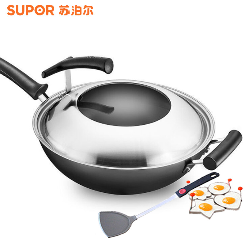 苏泊尔(SUPOR)32cm精铁真不锈无涂层立盖炒锅炒菜锅健康铁锅 FC32H7明火燃气灶专用高清大图