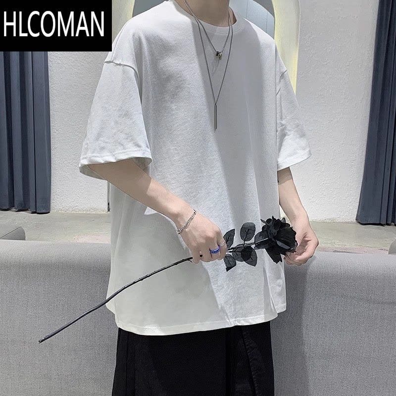 HLCOMAN短袖男潮牌简约百搭ins宽松港风t恤打底衫半袖夏季纯色体恤五分袖图片