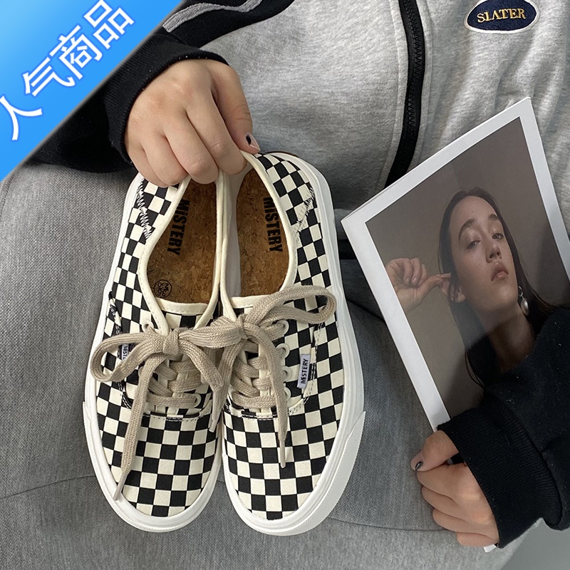SUNTEK黑白棋盘格子鞋女2023夏季新款英伦风圆头平底帆布鞋复古黑季季布高清大图