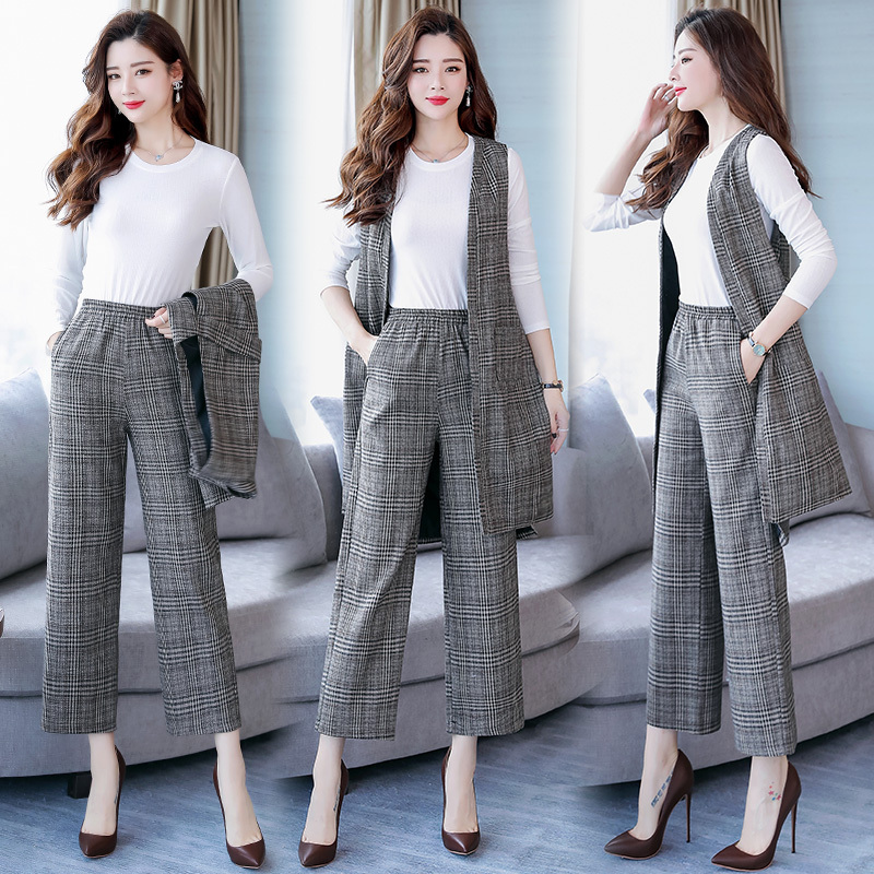 女士秋装新品时尚修身女格子三件套阔腿裤女神范洋气大码时髦套装