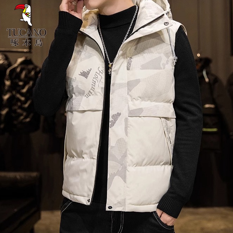 啄木鸟连帽羽绒马甲男士坎肩背心冬季新款潮牌加厚保暖马夹外套男高清大图