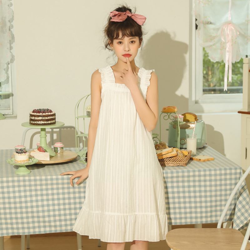 公主风睡裙夏季中长款夏裙薄款性感可爱学生家居服吊带白色睡衣女