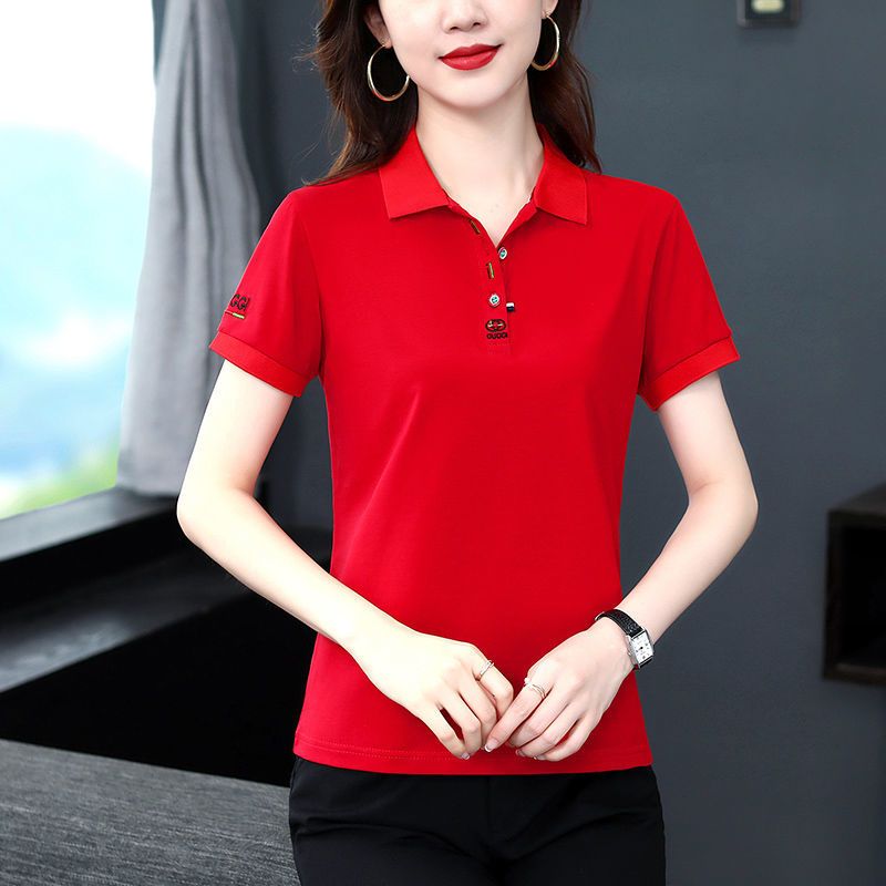 棉短袖t恤女夏季薄款中年妈妈翻领上衣有领衣服运动衫带领