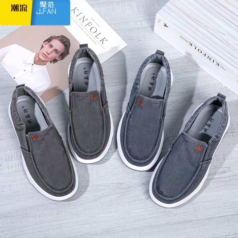 聚范中老年休闲爸爸布鞋一脚蹬帆布鞋春季新款男鞋厚底轻便干活工作鞋高清大图