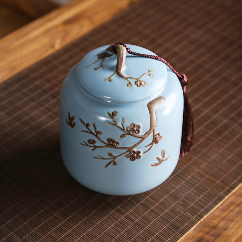 領藝 茶叶罐中式大号陶瓷储茶罐密封罐茶罐约可装茶叶250g功夫茶具配件 梅花雁