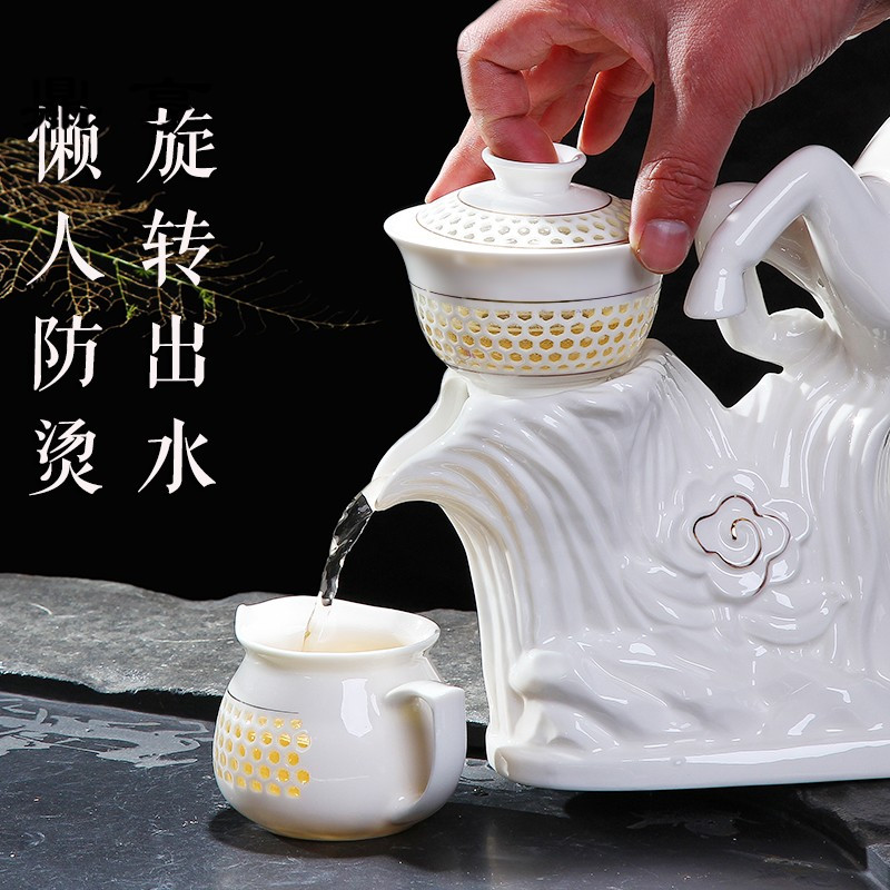 鼎亨陶瓷自动出水功夫茶具整套白瓷镂空创意工艺懒人不烫手茶杯套