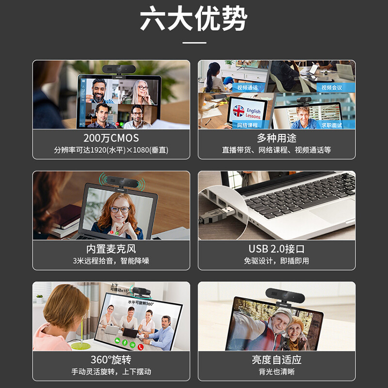 海康威视(HIKVISION)电脑摄像头E12S直播1080P高清带麦克风扬声器USB笔记本外接摄像机视频会议网课直播