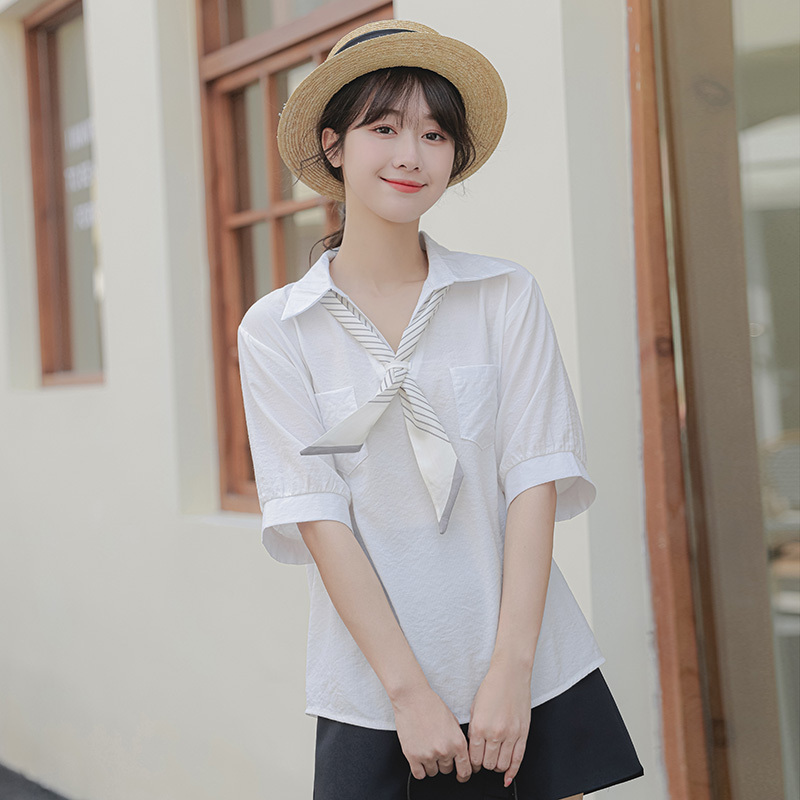 2022夏新款短袖配丝巾v领上衣女休闲学院百搭设计感小众衬衫套装