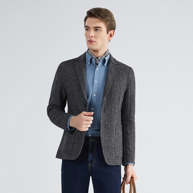 双面呢柒牌西服外套男商务休闲西装人字纹含羊毛修身厚款单西