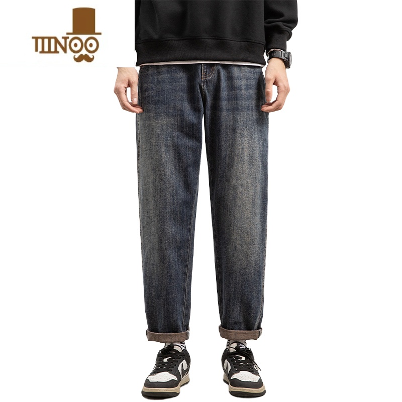 YANXU牛仔裤男士夏季薄款潮牌复古九分裤2023新款宽松直筒弹力休闲裤子高清大图