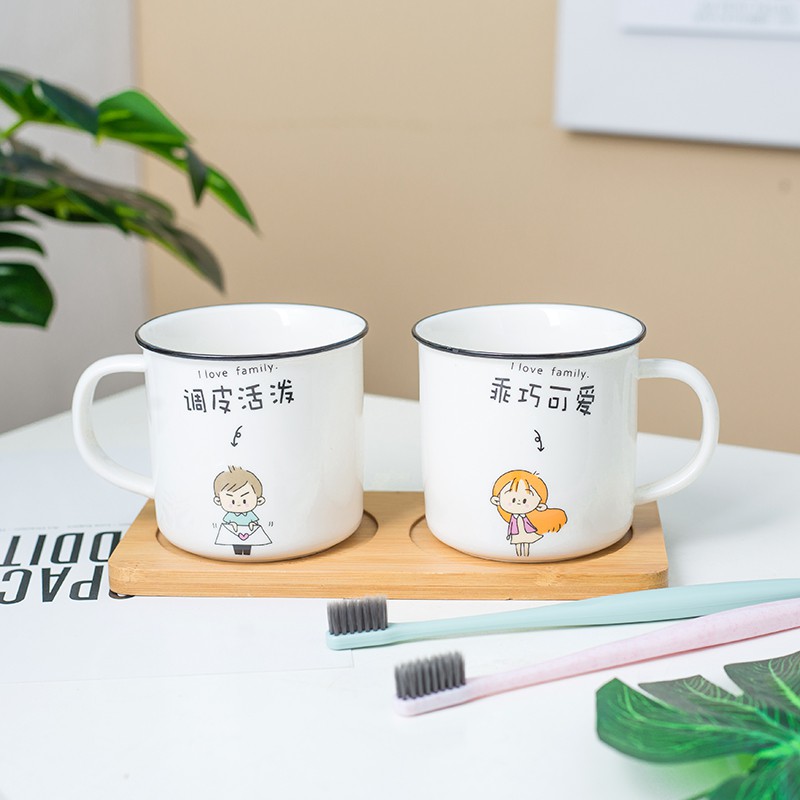 刷牙杯创意可爱洗漱杯套装一家三口情侣漱口杯一对卡通牙刷杯陶瓷 三维工匠 圆款爸爸+女儿+妈妈+竹托高清大图