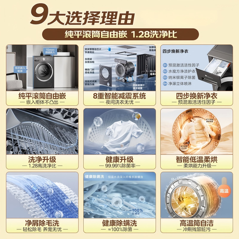 小天鹅(LittleSwan)滚筒洗衣机全自动家用 带烘干洗烘一体 10KG水魔方 TD10V628T[-]
