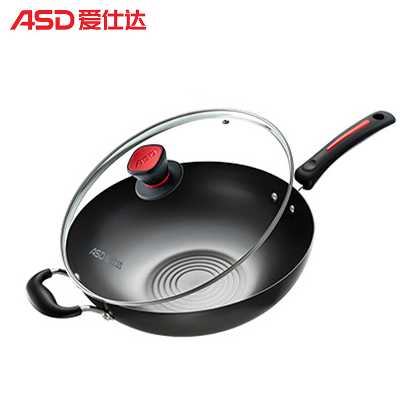 爱仕达(ASD)炒锅 铁锅无涂层34cm精熟铁炒菜锅燃气炒煎锅可爆炒 有盖WG8334ZT