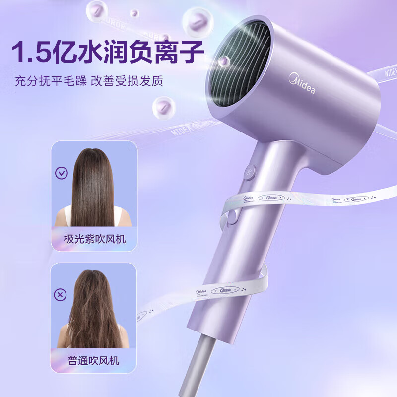 美的(Midea)1.5亿负离子电吹风 家用护发吹风筒 家电国家补贴吹风机 MB-AJ0504极光紫