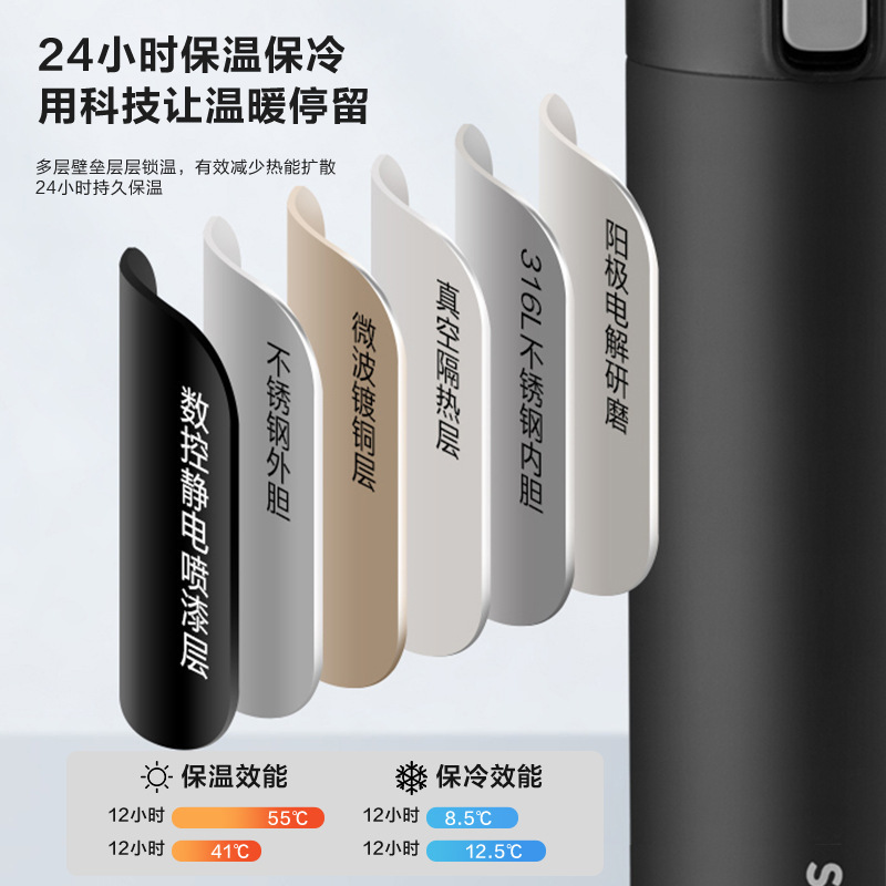 苏泊尔(SUPOR)保温杯一键开合男女士茶杯弹盖316L不锈钢简约水杯商务泡茶茶隔 KC50KJ20/KC50KL20