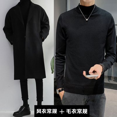 值得男装风衣男士中2020季新款韩版潮流大码帅气学生大衣外套_711 D67黑色+毛衣 2XL