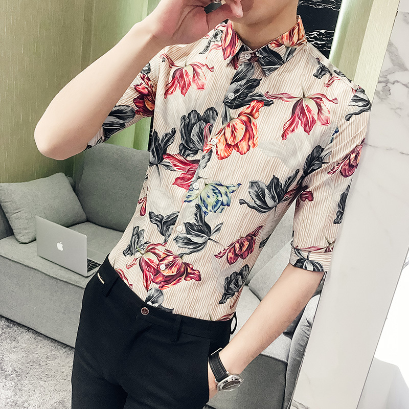 2018春夏款男士修身中袖衬衫五分袖衬衣条纹大花寸衫免烫薄款个性