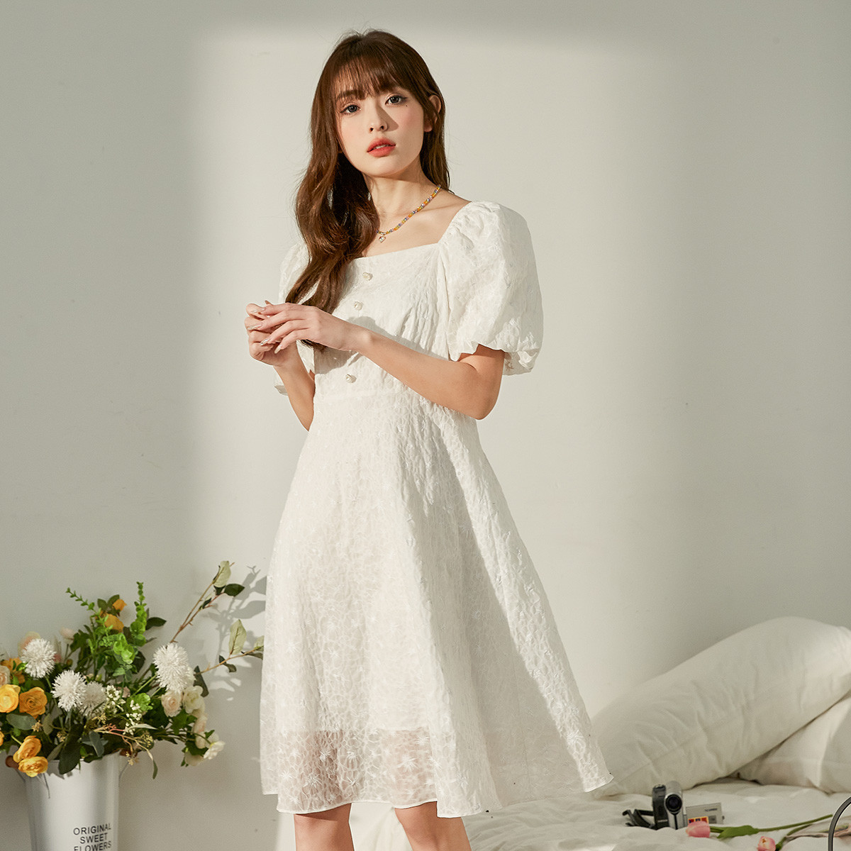 [2.5折价117元]唐狮连衣裙女夏季纯色方领泡泡袖公主裙韩系甜美时尚流行