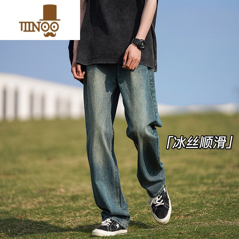 YANXU冰丝牛仔裤男秋美式复古潮流高街宽松裤子ins潮牌凉感百搭阔腿古高清大图
