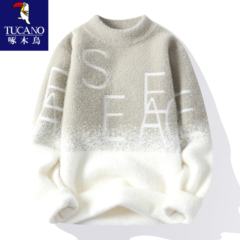 啄木鸟】水貂绒毛衣男秋冬季青少年半高领针织打底衫加厚保暖上绒高清大图