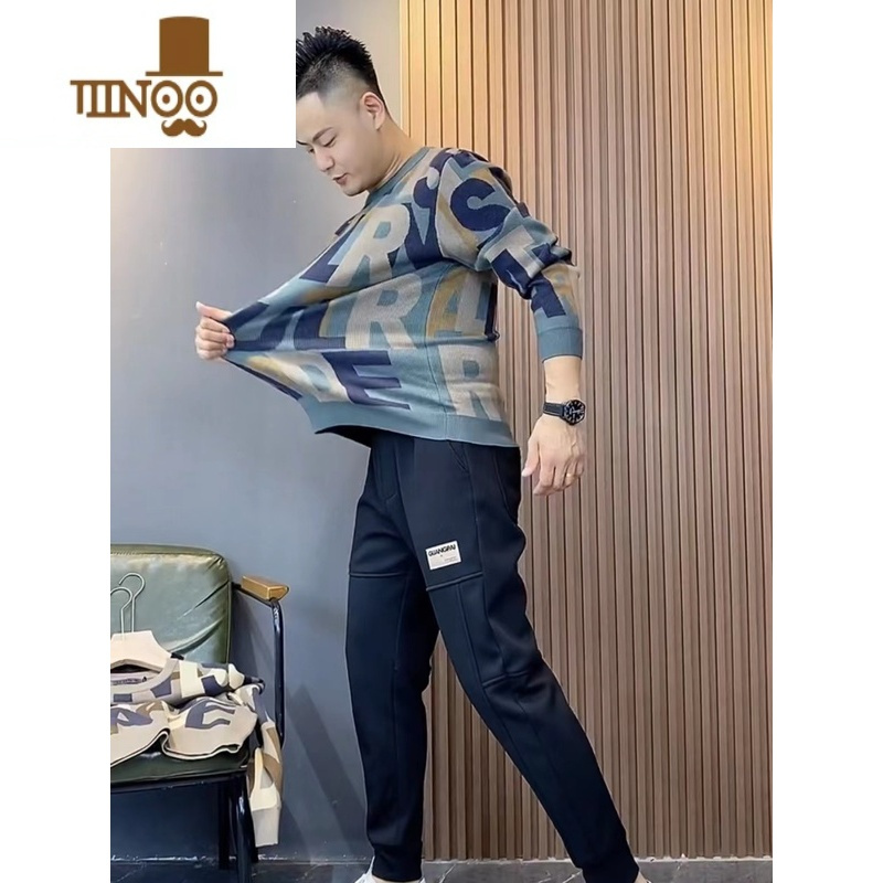 YANXU2023冬季新款时尚线衣高质针织衫欧款男士个性字母印花修身毛衣潮