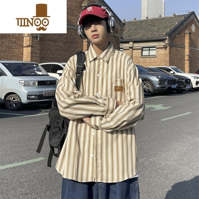 YANXU日系cityboy条纹翻领衬衫男春季宽松百搭青少年衬衣潮牌bf风外套