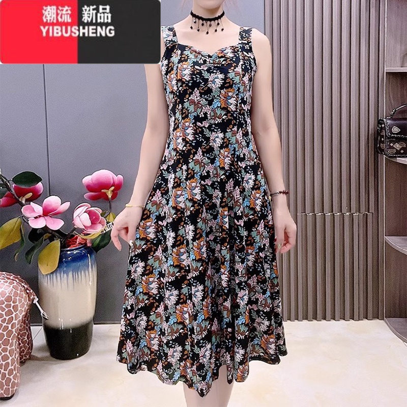 YIBUSHENG冰丝吊带连衣裙女2024新款大码宽松遮肚显瘦印花背心无袖印衣G高清大图