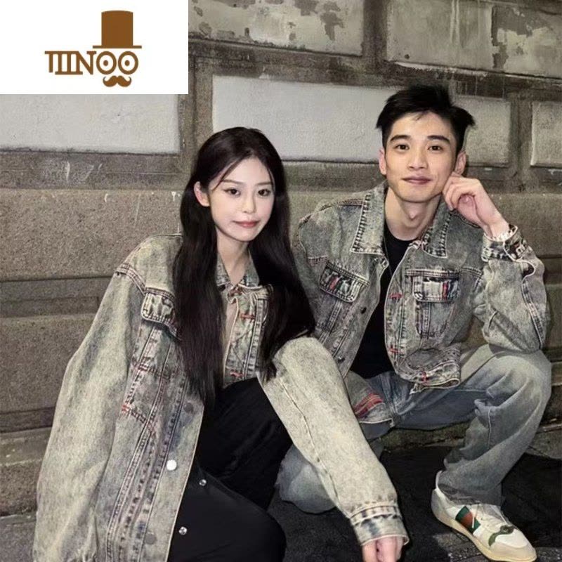 YANXU2022欧美水洗做旧牛仔外套复古帅气工装翻领夹克宽松潮牌上衣男女图片