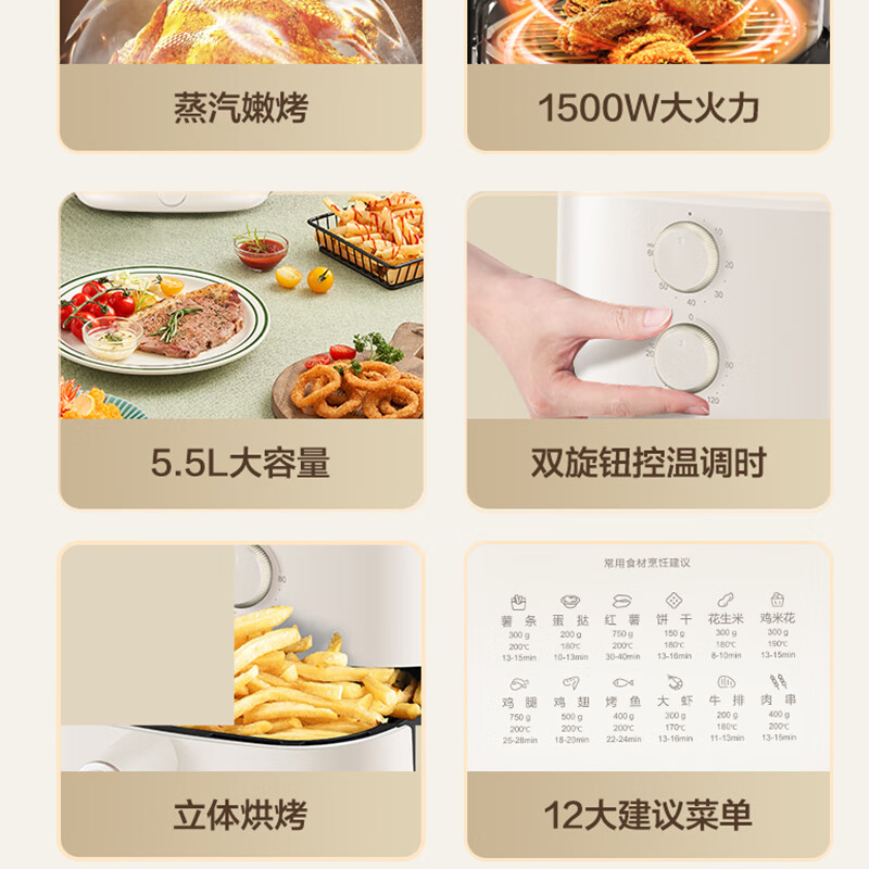 苏泊尔(SUPOR)空气炸锅家用免翻智能无油烟5.5L大容量电炸锅低脂不粘易清洗煎炸锅薯条机电炸锅KJ55D78多仓直发高清大图