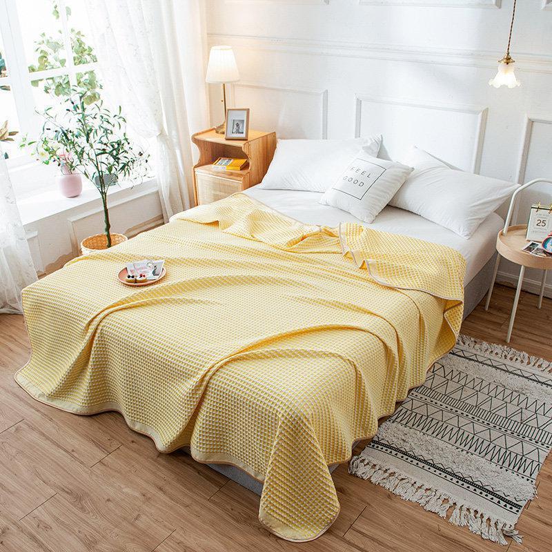 美帮汇空调全棉毛巾被小毯子午睡纱布盖毯单人夏季薄款休闲夏天 华夫格-浅黄/婴儿A类全棉，柔软贴身裸睡 150x200cm/全棉A类，柔软贴身，裸睡盖毯