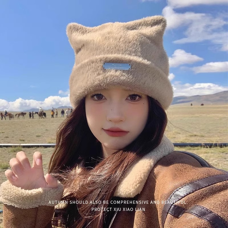 帽子女冬季可爱猫耳朵针织冷帽毛线帽百搭护耳保暖包头毛绒堆毛耳高清大图