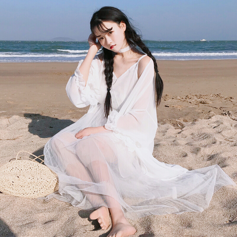 夏装女装韩版甜美中长款防晒衫长款网纱裙带裙连衣裙长裙白色网纱裙带