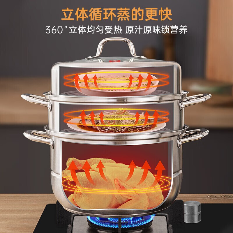 康巴赫不锈钢三层蒸锅可视锅盖28cm KZS-28B31高清大图