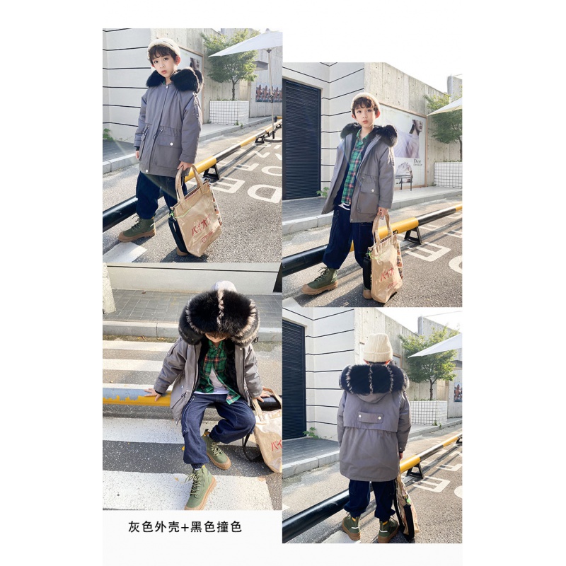 举翼王子男女中小儿童獭兔皮毛一体内胆派克服毛毛皮草外套中长款宝宝 灰色外壳+黑色撞色 130