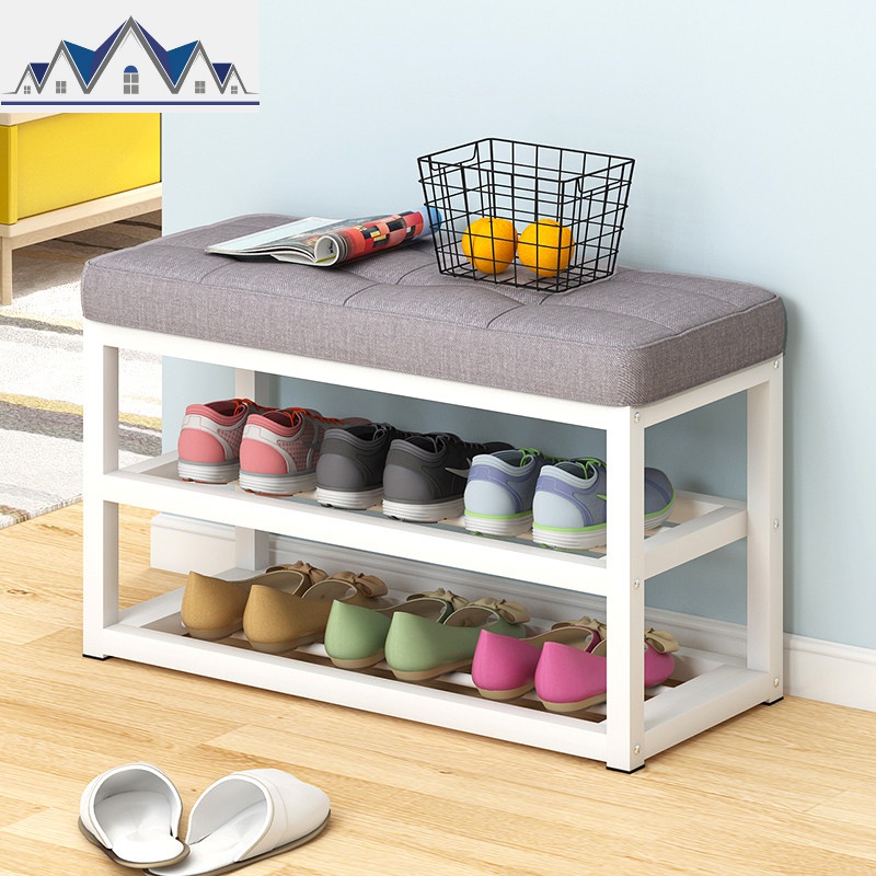 铁艺鞋架简易家用多层可坐换鞋凳鞋柜收纳防尘口现代简约储物凳 三维工匠收纳凳高清大图