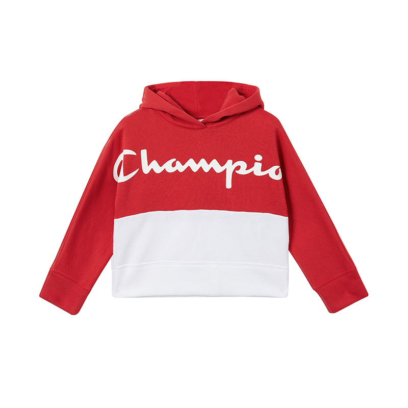 Champion/冠军男女童接拼混纺加绒连帽套头衫经典logo图案高端儿童卫衣/帽衫